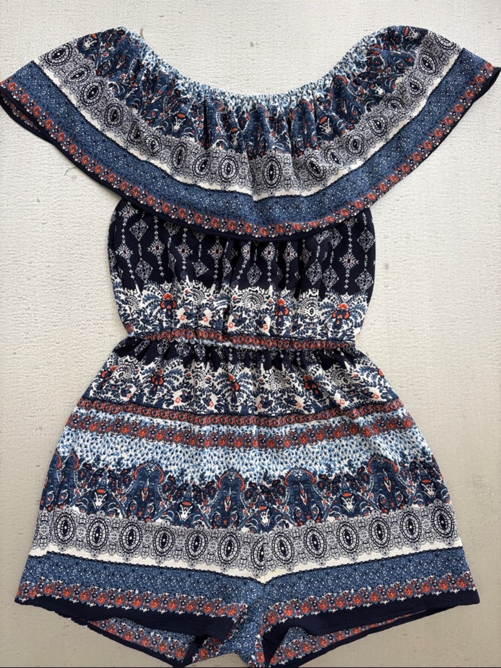Ovi Navy Blue White and Rust Printed Off-Shoulder Romper